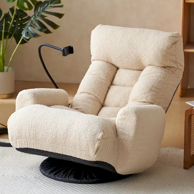 Beige Boucle Swivel Recliner with Phone Holder, Adjustable Headrest, and Backrest