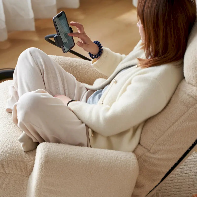 Beige Boucle Swivel Recliner with Phone Holder, Adjustable Headrest, and Backrest