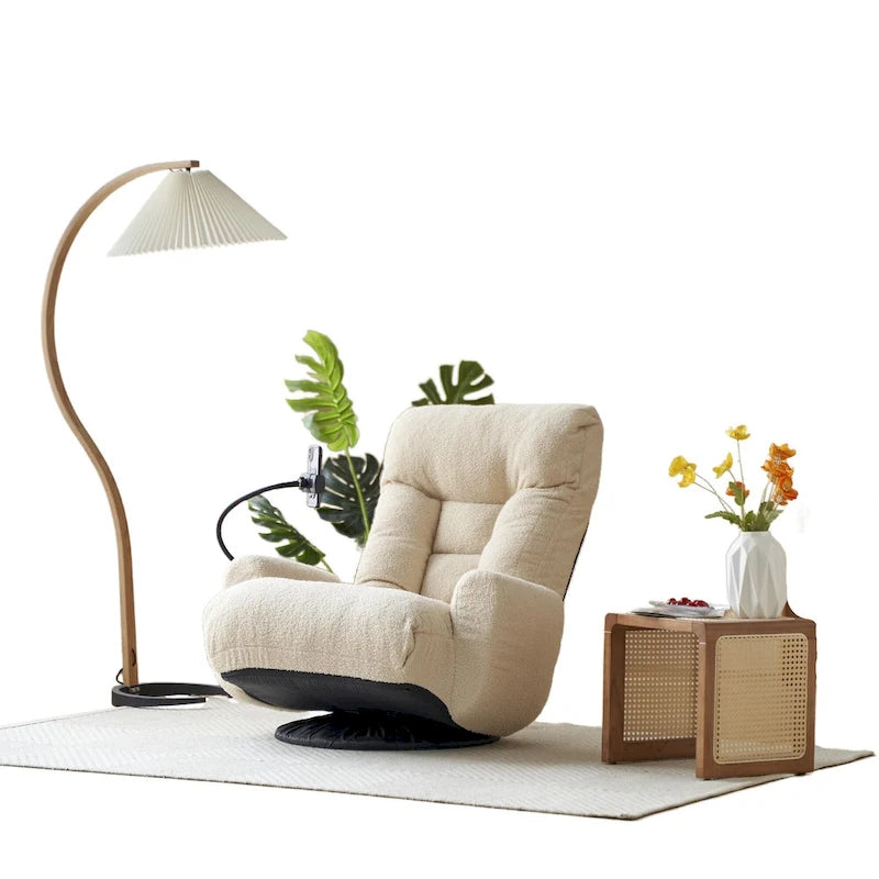 Beige Boucle Swivel Recliner with Phone Holder, Adjustable Headrest, and Backrest