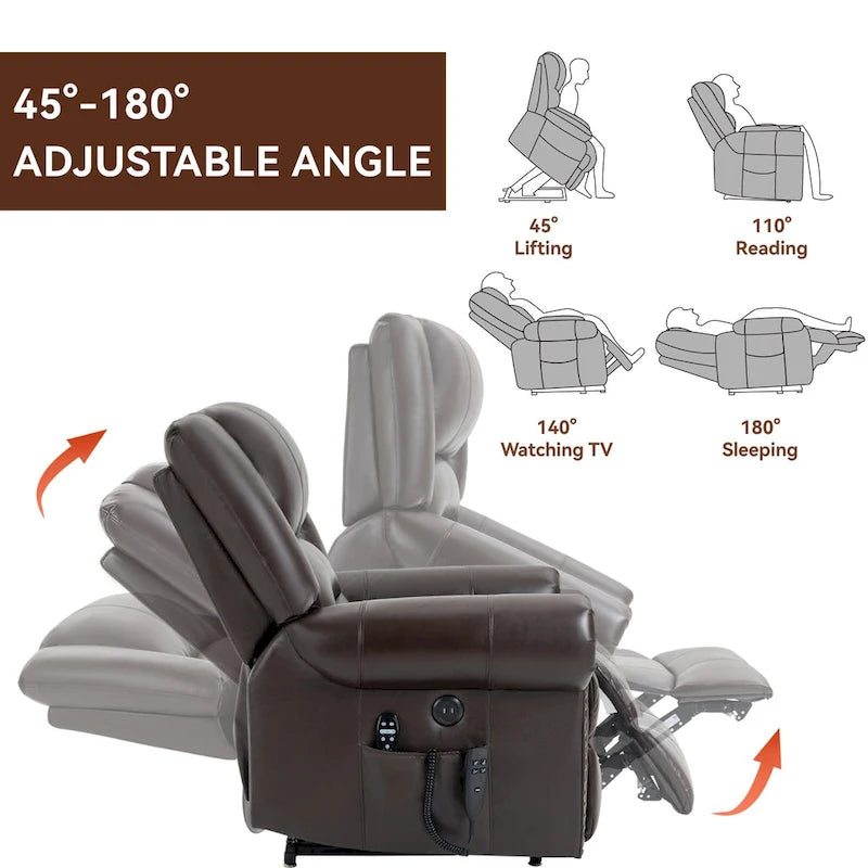 Genuine Leather Power Lift Recliner Chair with Massage and Lumbar Heat, USB Ports