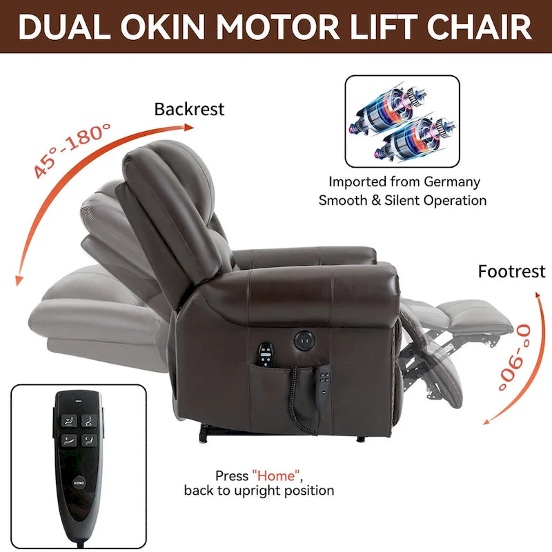 Genuine Leather Power Lift Recliner Chair with Massage and Lumbar Heat, USB Ports