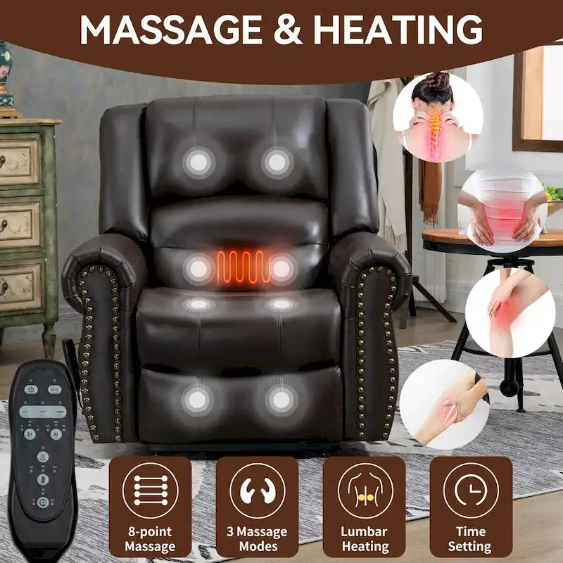 Genuine Leather Power Lift Recliner Chair with Massage and Lumbar Heat, USB Ports