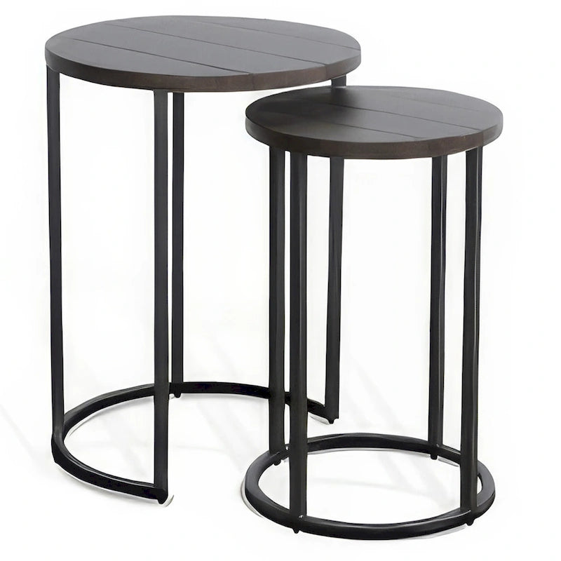 Flint 2 Piece Nesting Table Set, Dark Brown Mahogany, Black Metal Base