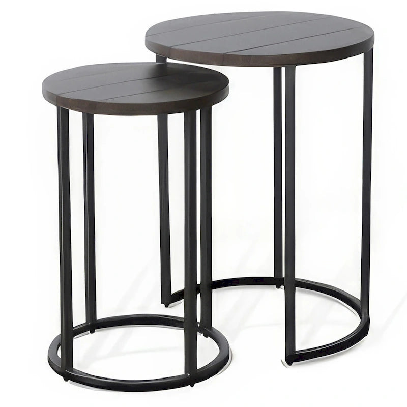 Flint 2 Piece Nesting Table Set, Dark Brown Mahogany, Black Metal Base