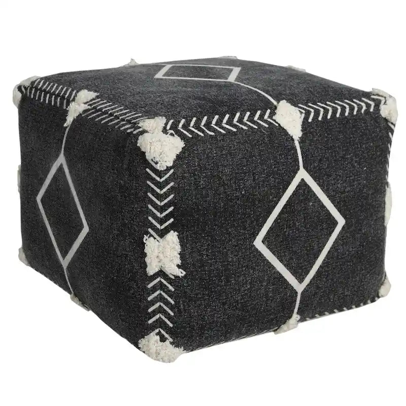 18 Black Cotton Geometric Pouf Ottoman for Living Room Seating and Footrest