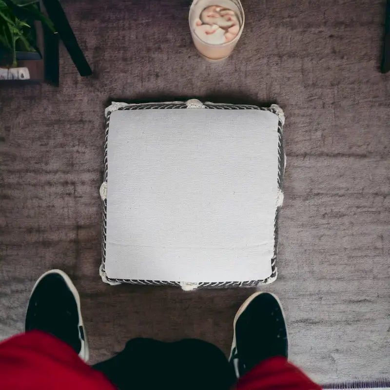 18 Black Cotton Geometric Pouf Ottoman for Living Room Seating and Footrest