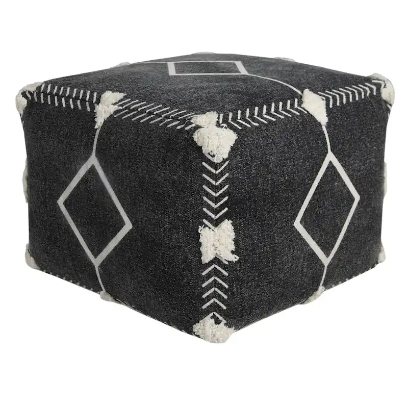 18 Black Cotton Geometric Pouf Ottoman for Living Room Seating and Footrest