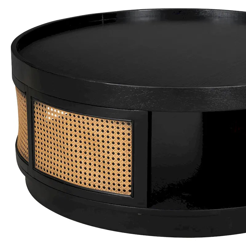 36.8 Wooden Mid-Century Modern Coffee Table, Round Cane Coffee Table with PE Rattan Side