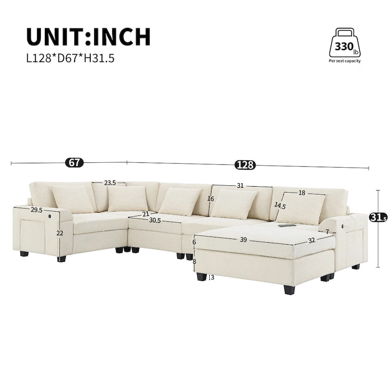 128 Chenille U-Shaped Sectional Sofa with Storage & USB