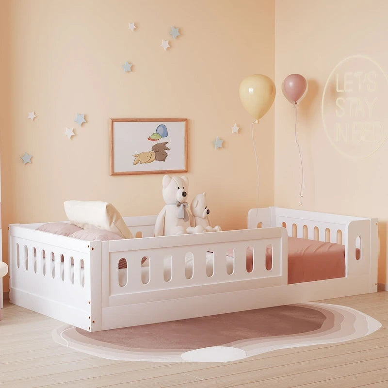 White Modern Design Twin Size Wooden Platform Bed with Guardrail for Bedroom