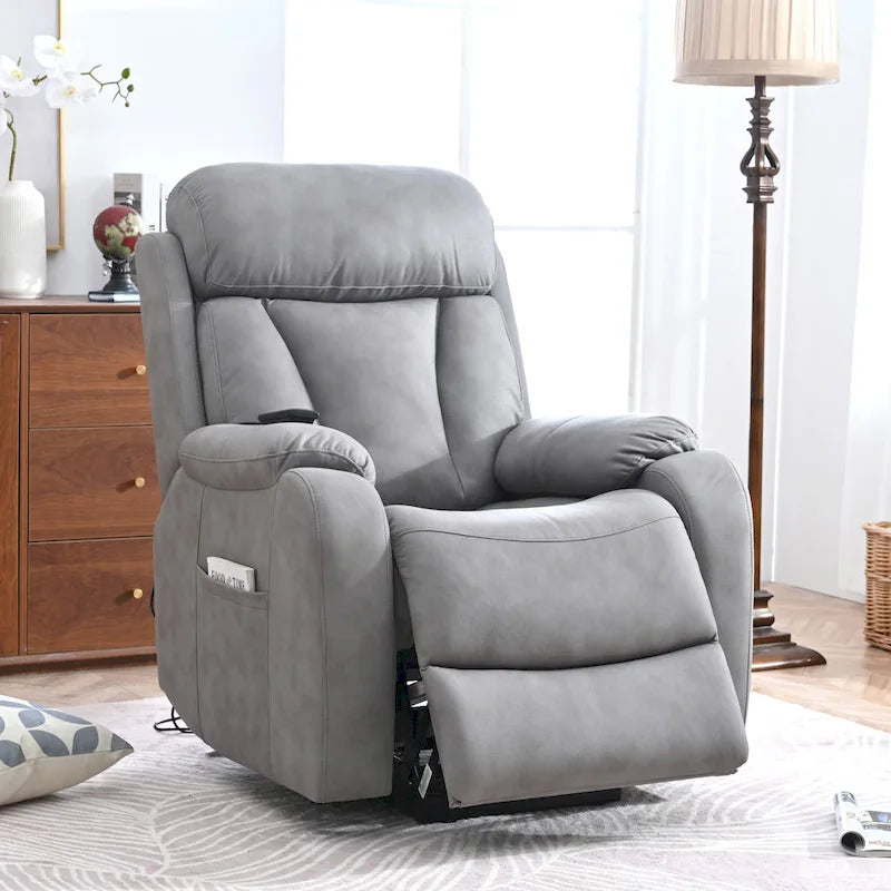 Grey Wide Seat Power Lift Recliner for Seniors with Remote Control, Side Pocket, and Adjustable Recline Options