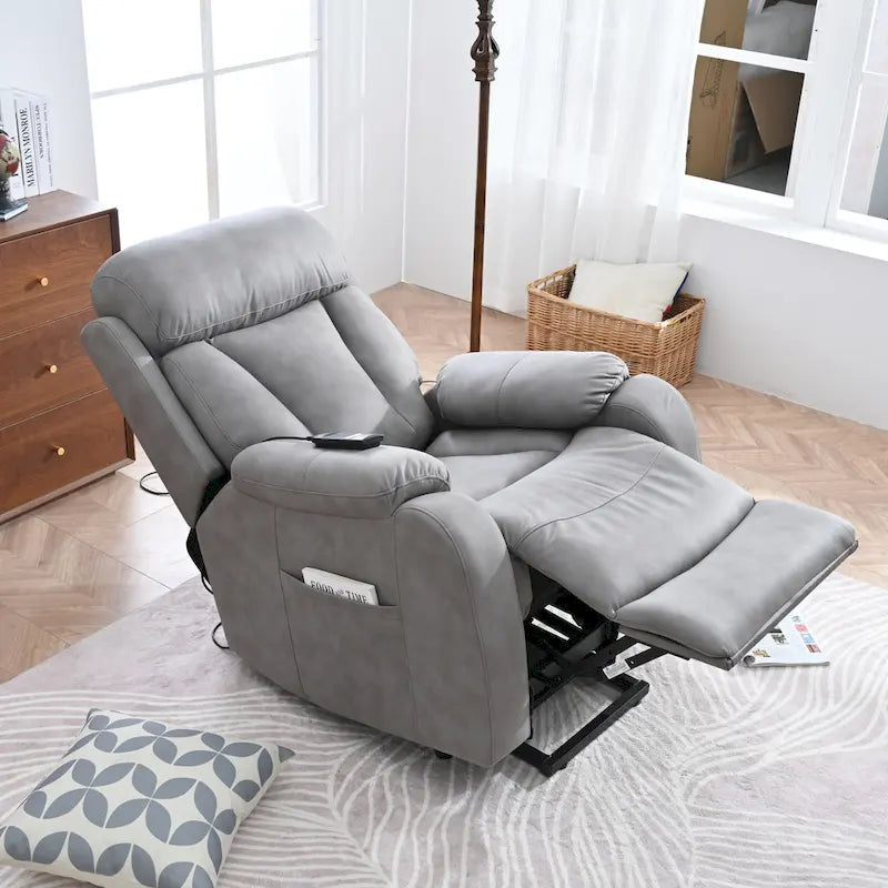 Grey Wide Seat Power Lift Recliner for Seniors with Remote Control, Side Pocket, and Adjustable Recline Options