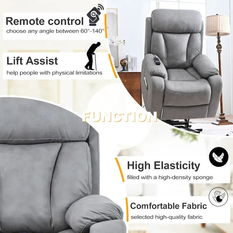 Grey Wide Seat Power Lift Recliner for Seniors with Remote Control, Side Pocket, and Adjustable Recline Options