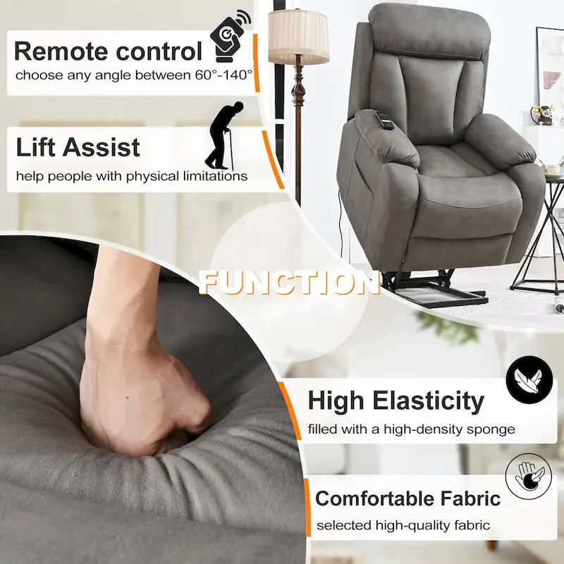 Grey Wide Seat Power Lift Recliner for Seniors with Remote Control, Side Pocket, and Adjustable Recline Options