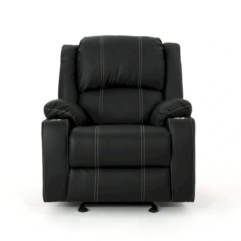 Black Contemporary Manual Recliner Chair with Steel Cup Holders, Plush PU Leather Upholstery, Adjustable Recline