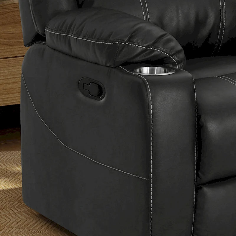 Black Contemporary Manual Recliner Chair with Steel Cup Holders, Plush PU Leather Upholstery, Adjustable Recline