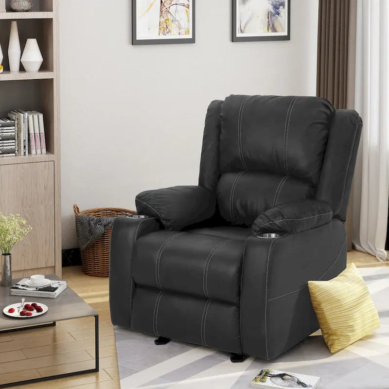 Black Contemporary Manual Recliner Chair with Steel Cup Holders, Plush PU Leather Upholstery, Adjustable Recline