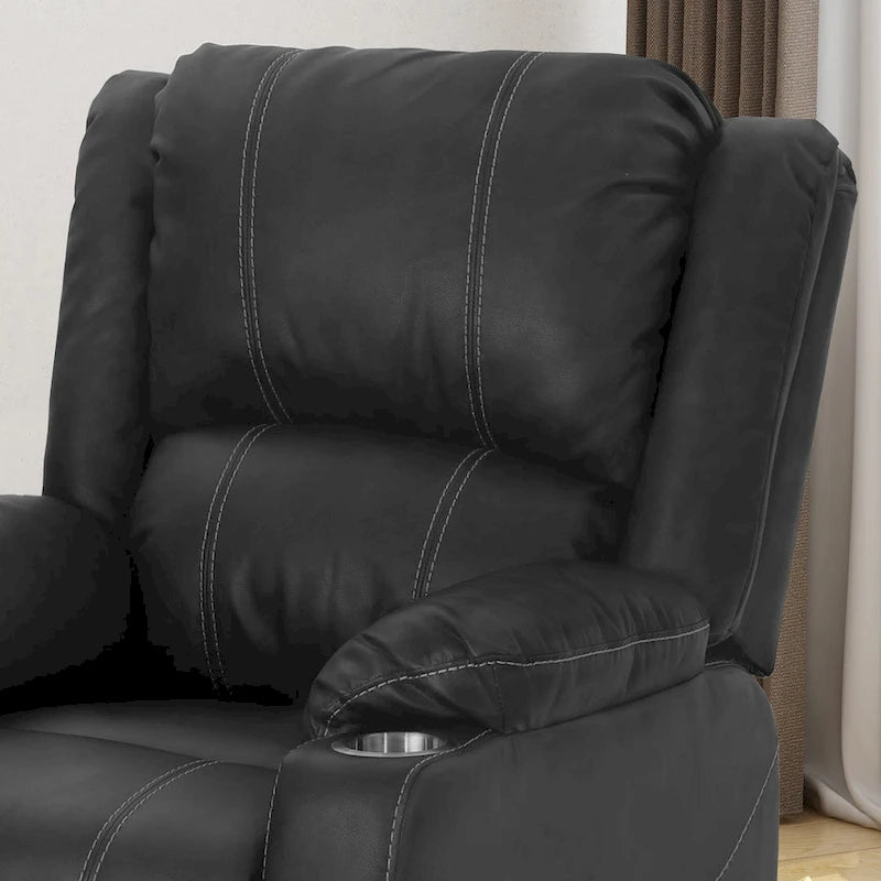 Black Contemporary Manual Recliner Chair with Steel Cup Holders, Plush PU Leather Upholstery, Adjustable Recline