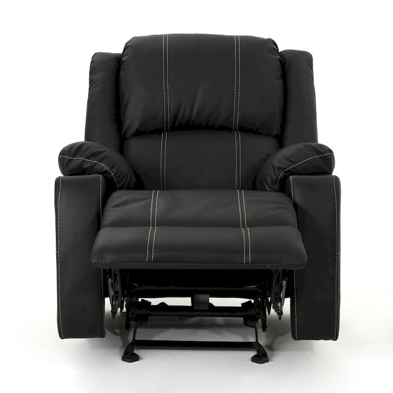 Black Contemporary Manual Recliner Chair with Steel Cup Holders, Plush PU Leather Upholstery, Adjustable Recline