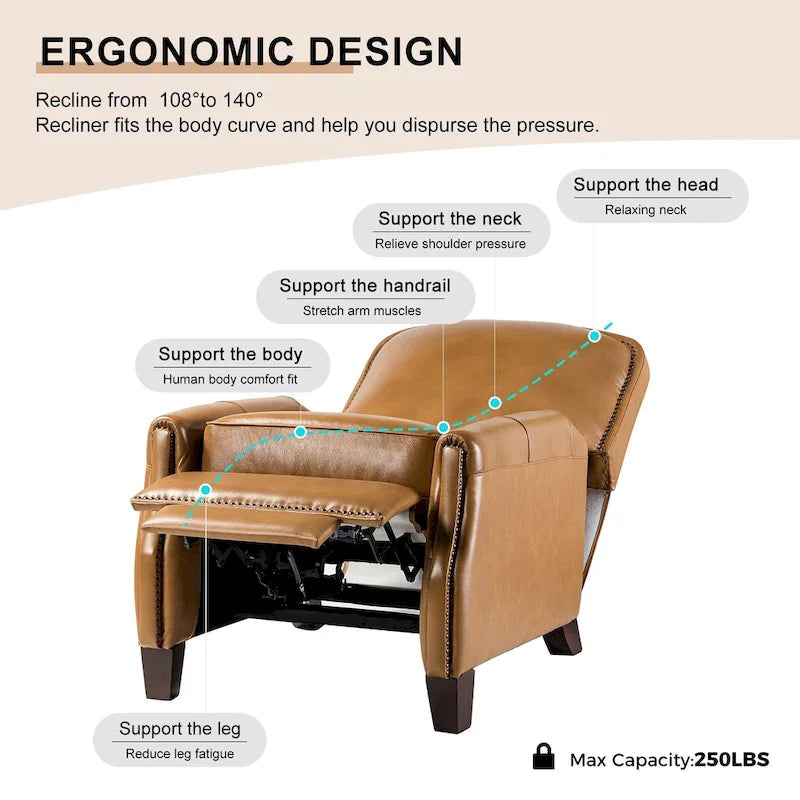 Gladis Modern Retro Genuine Leather Recliner with Nailhead Trim by HULALA HOME