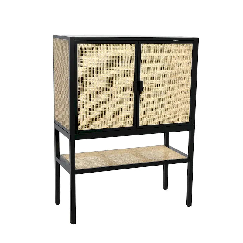 Woven Rattan and Wood Cabinet with 2 Doors
