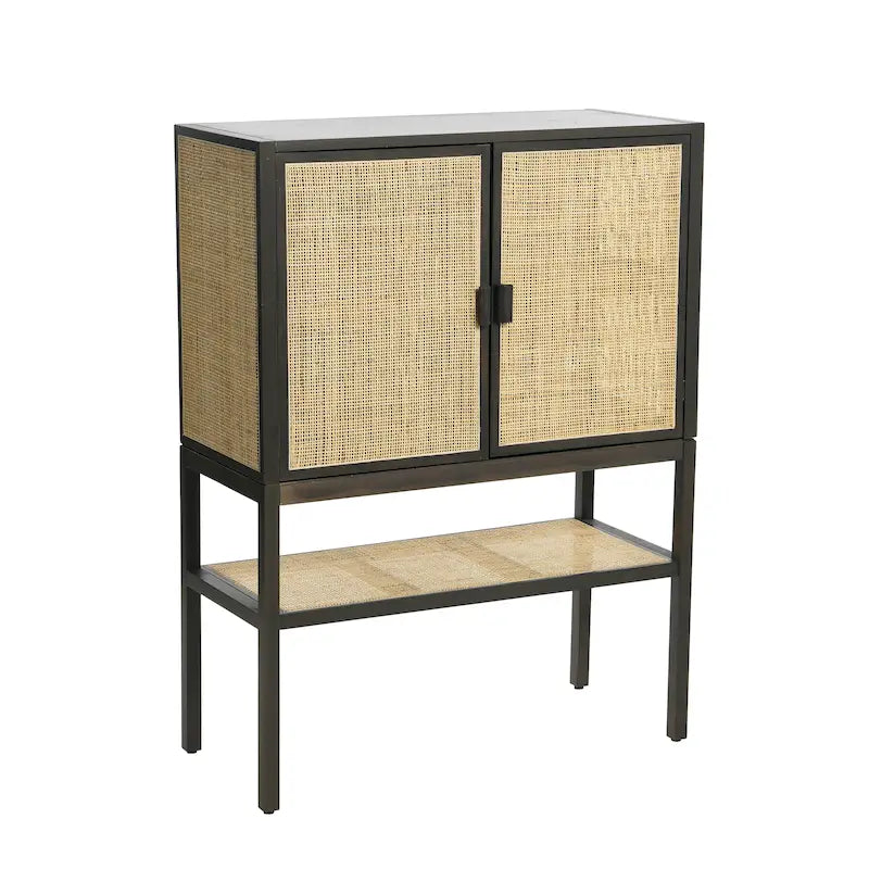 Woven Rattan and Wood Cabinet with 2 Doors