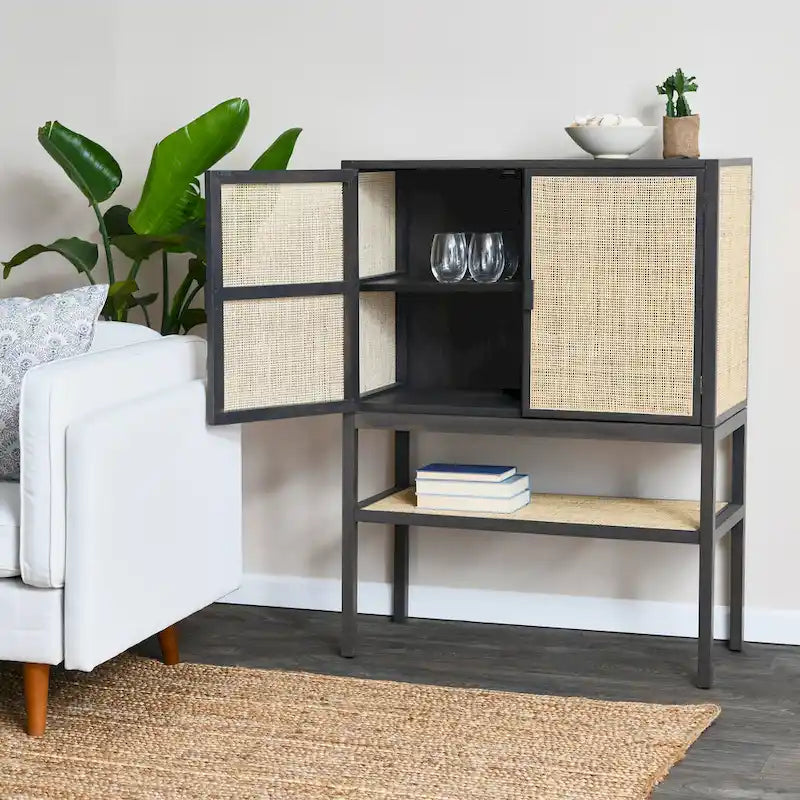 Woven Rattan and Wood Cabinet with 2 Doors