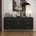 61.4W Modern Black Dresser with 9 Spacious Drawers - Gold Handles