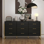 61.4W Modern Black Dresser with 9 Spacious Drawers - Gold Handles