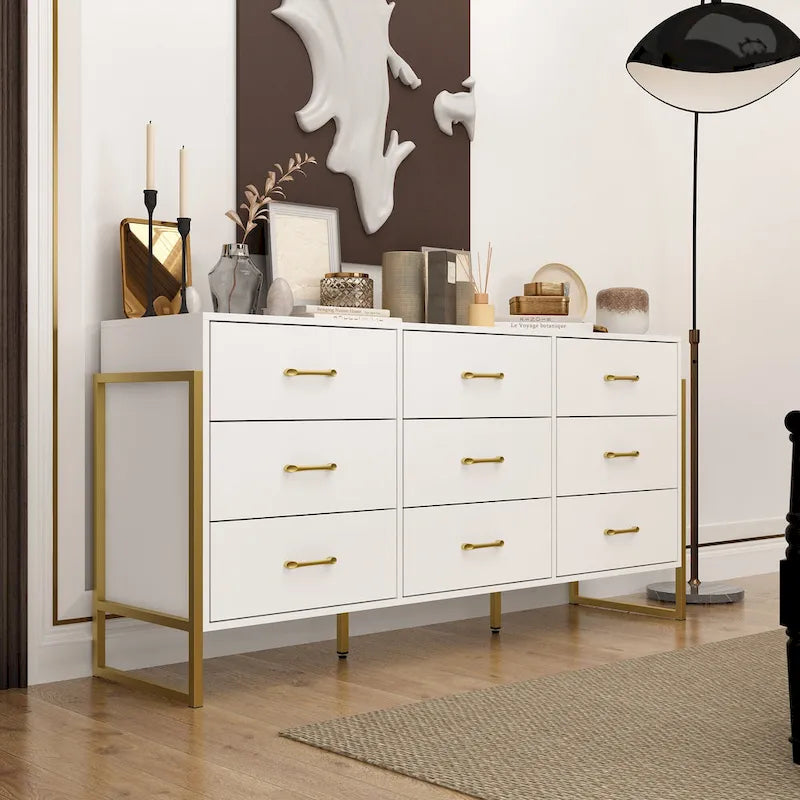 61.4W Modern Black Dresser with 9 Spacious Drawers - Gold Handles