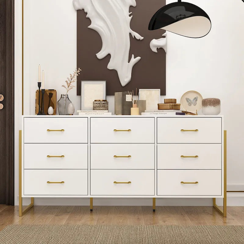 61.4W Modern Black Dresser with 9 Spacious Drawers - Gold Handles