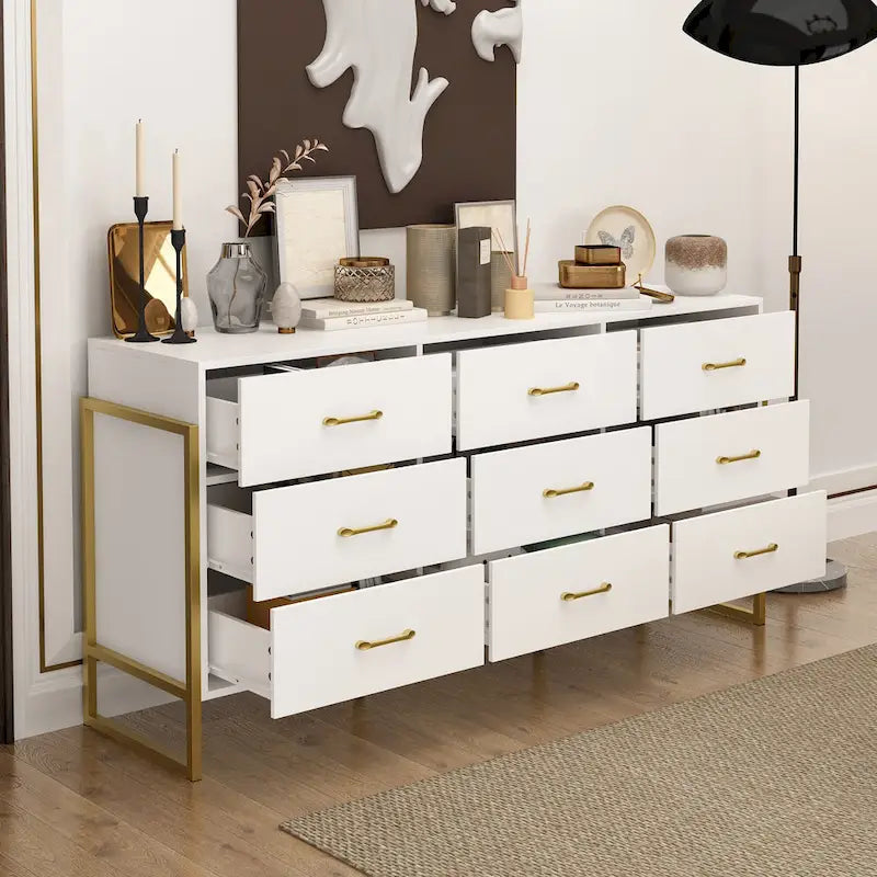 61.4W Modern Black Dresser with 9 Spacious Drawers - Gold Handles