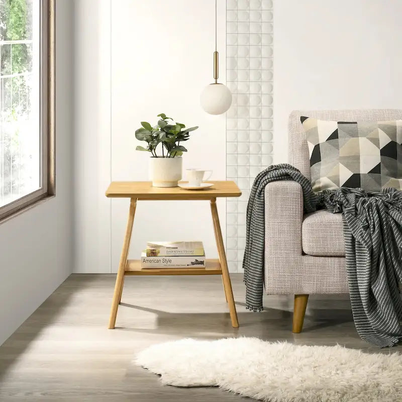 Roundhill Furniture Arona Mid-Century Modern Wood End Table with Shelf