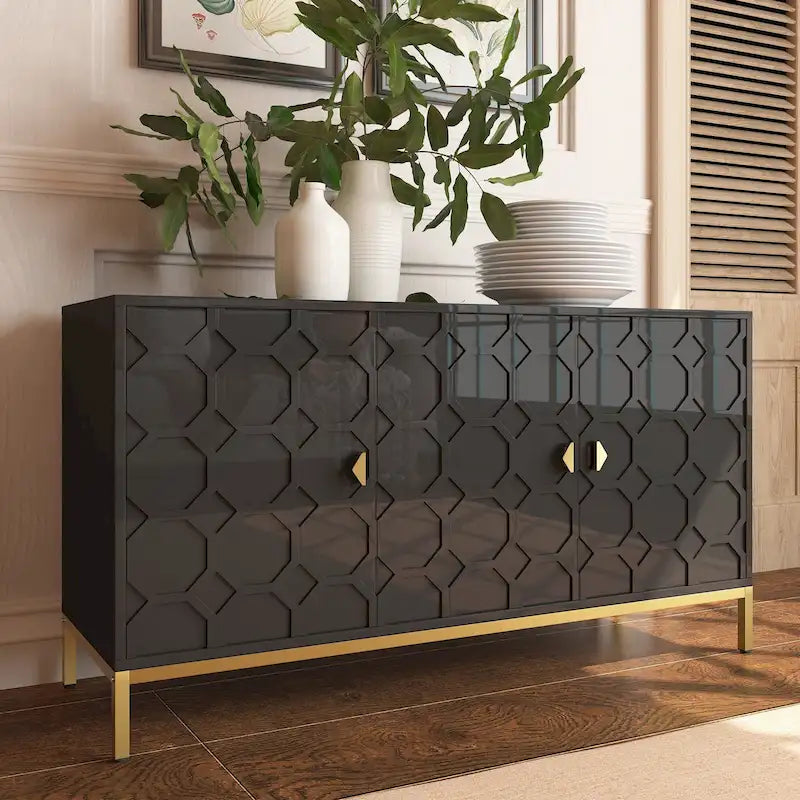 Clihome 3 Door Glossy Media Storage Sideboard Accent Cabinet