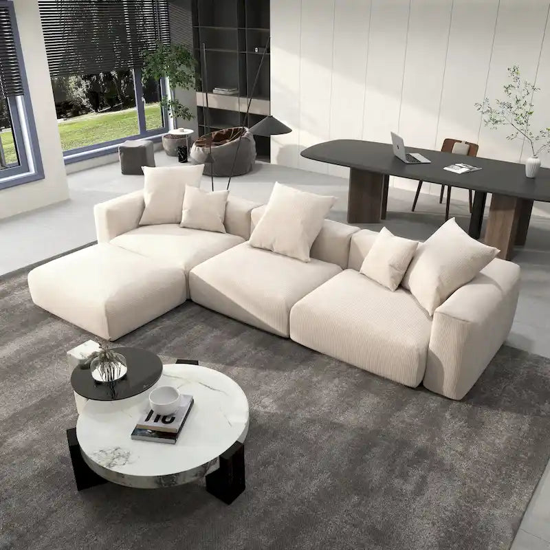 142 L-shape Oversized Corduroy Sectional Sofa Classic Deep Couch with Ottoman