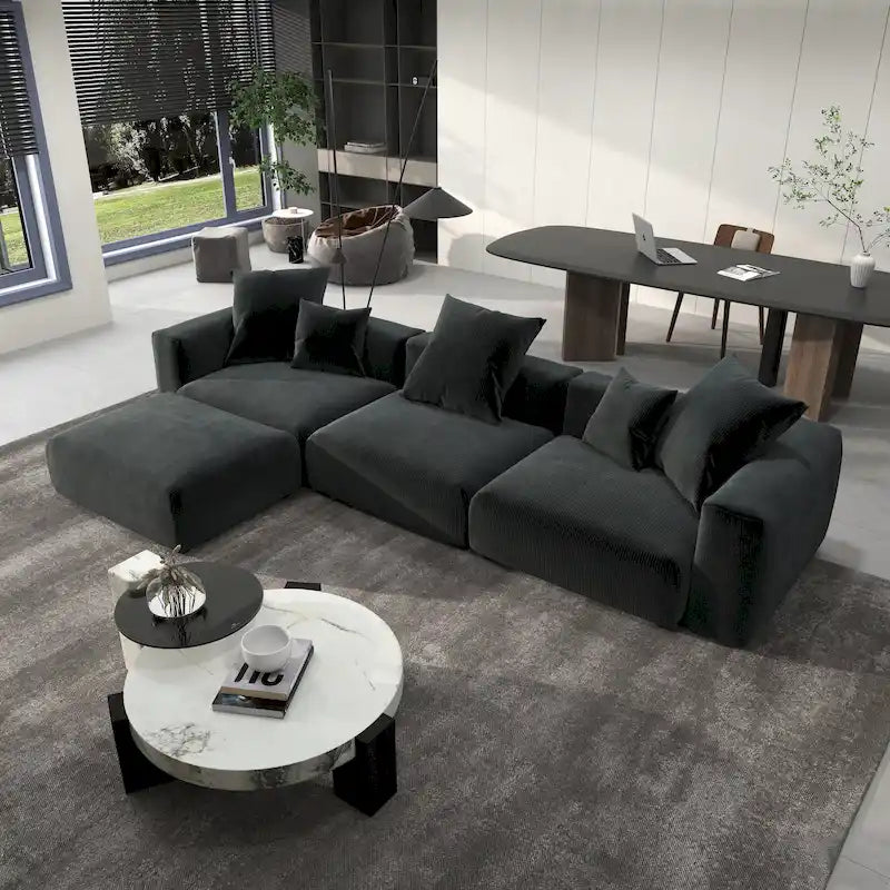 142 L-shape Oversized Corduroy Sectional Sofa Classic Deep Couch with Ottoman