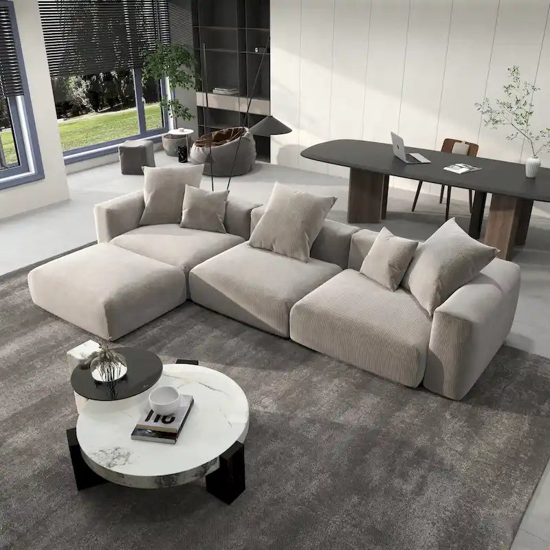 142 L-shape Oversized Corduroy Sectional Sofa Classic Deep Couch with Ottoman