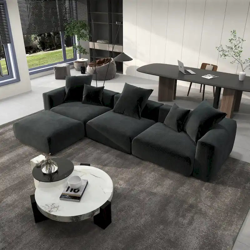 142 L-shape Oversized Corduroy Sectional Sofa Classic Deep Couch with Ottoman