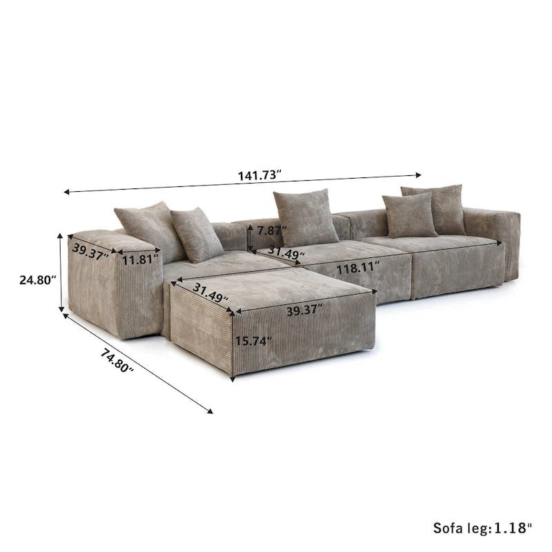 142 L-shape Oversized Corduroy Sectional Sofa Classic Deep Couch with Ottoman