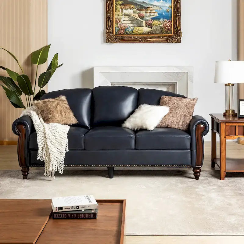 Eduard 84 Traditional Genuine Leather Sofa with Carved Wood Legs by HULALA HOME