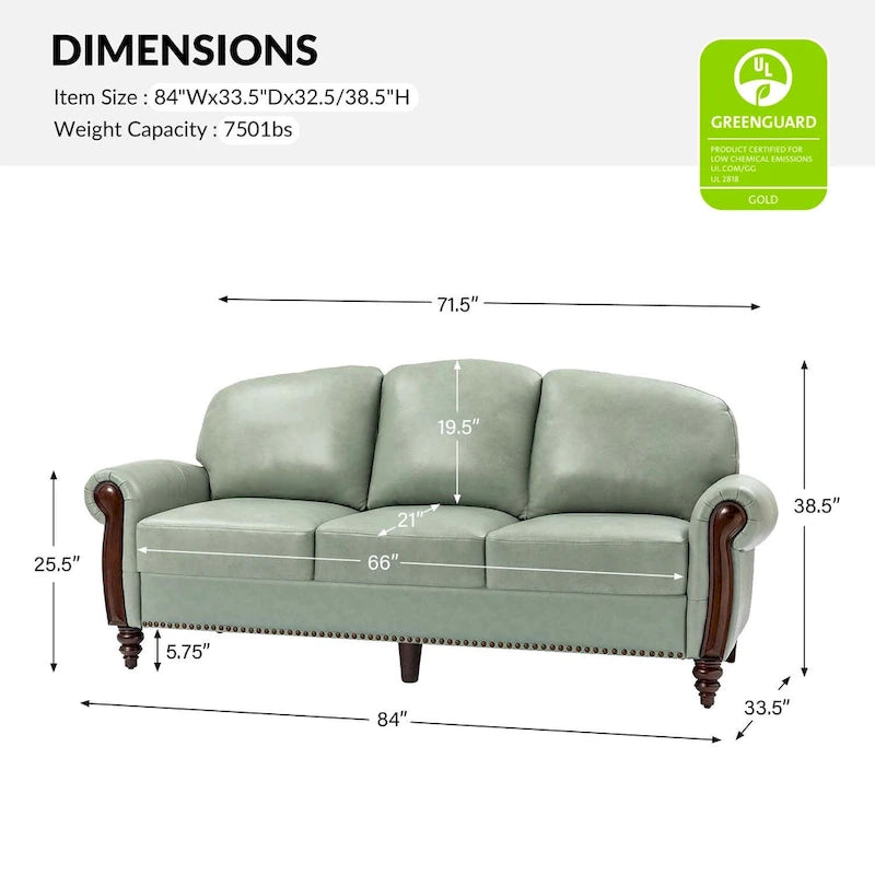 Eduard 84 Traditional Genuine Leather Sofa with Carved Wood Legs by HULALA HOME