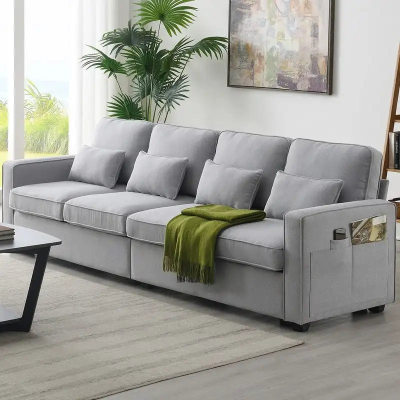 104Upholstered Sofa Couch with Armrest Pockets and 4 Pillows, 4-Seater Modern Linen Fabric Sofa Minimalist Style Couches