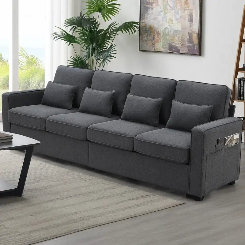 104Upholstered Sofa Couch with Armrest Pockets and 4 Pillows, 4-Seater Modern Linen Fabric Sofa Minimalist Style Couches