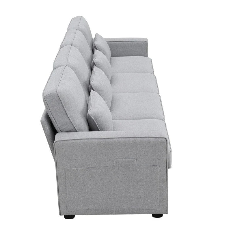 104Upholstered Sofa Couch with Armrest Pockets and 4 Pillows, 4-Seater Modern Linen Fabric Sofa Minimalist Style Couches