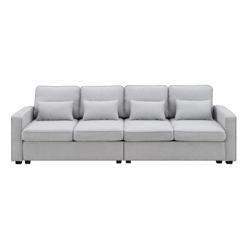 104Upholstered Sofa Couch with Armrest Pockets and 4 Pillows, 4-Seater Modern Linen Fabric Sofa Minimalist Style Couches