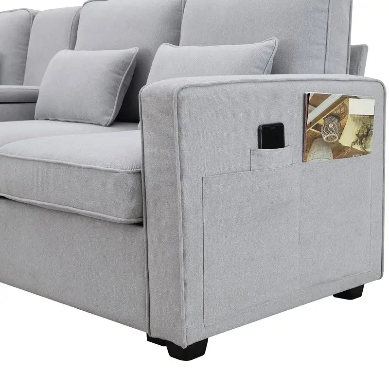 104Upholstered Sofa Couch with Armrest Pockets and 4 Pillows, 4-Seater Modern Linen Fabric Sofa Minimalist Style Couches