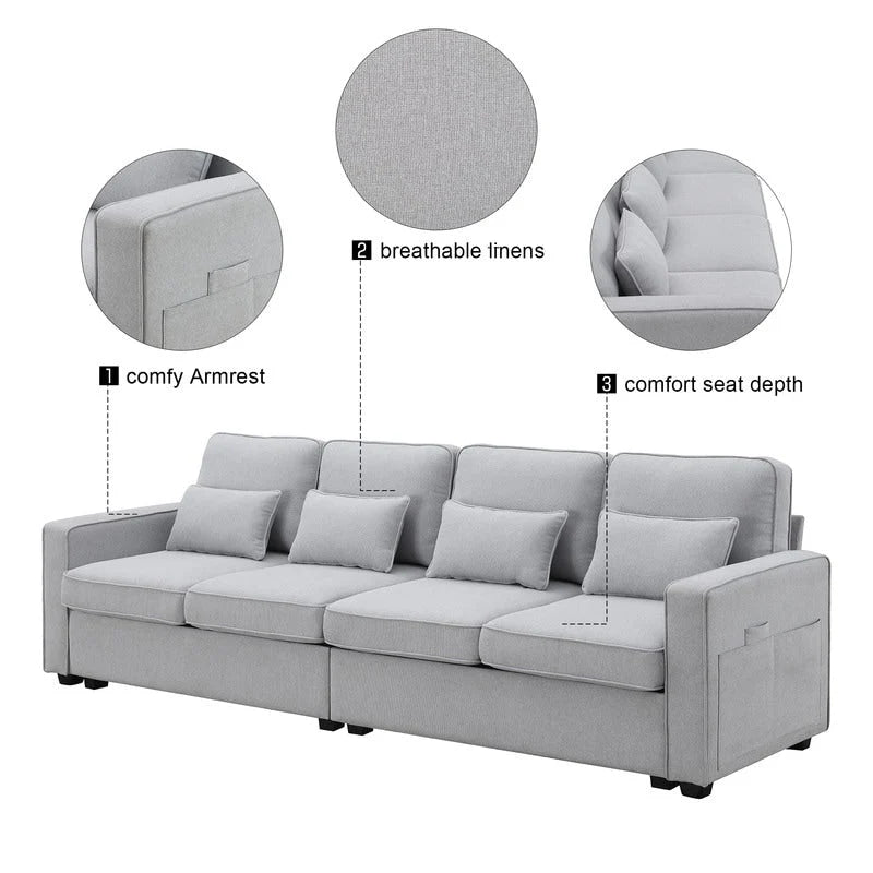 104Upholstered Sofa Couch with Armrest Pockets and 4 Pillows, 4-Seater Modern Linen Fabric Sofa Minimalist Style Couches
