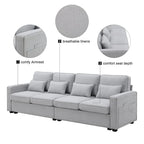 104Upholstered Sofa Couch with Armrest Pockets and 4 Pillows, 4-Seater Modern Linen Fabric Sofa Minimalist Style Couches