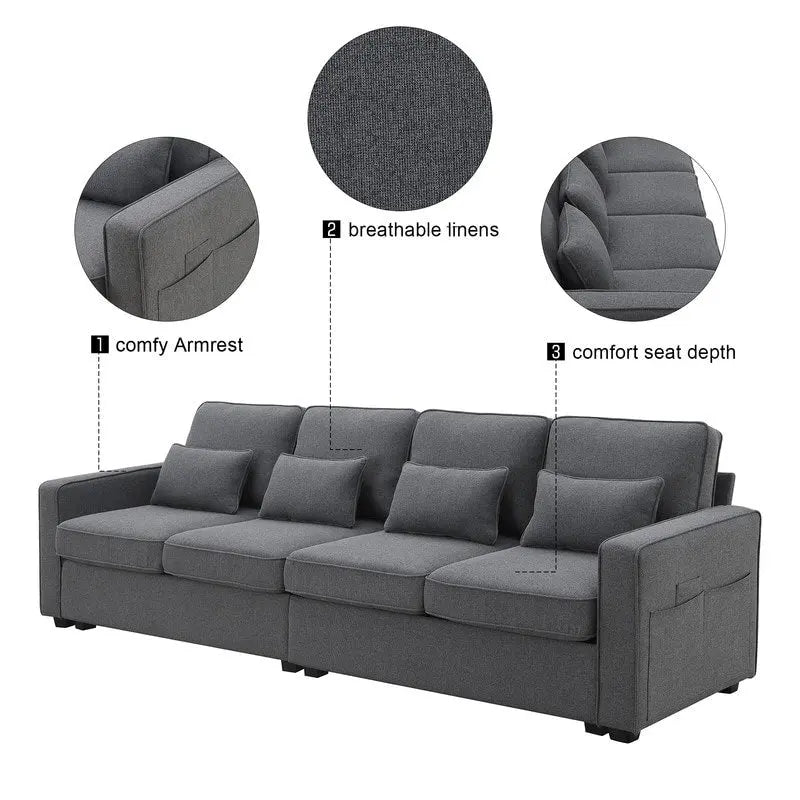 104Upholstered Sofa Couch with Armrest Pockets and 4 Pillows, 4-Seater Modern Linen Fabric Sofa Minimalist Style Couches