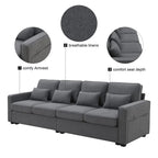 104Upholstered Sofa Couch with Armrest Pockets and 4 Pillows, 4-Seater Modern Linen Fabric Sofa Minimalist Style Couches